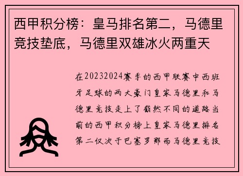 西甲积分榜:皇马排名第二,马德里竞技垫底,马德里双雄冰火两重天